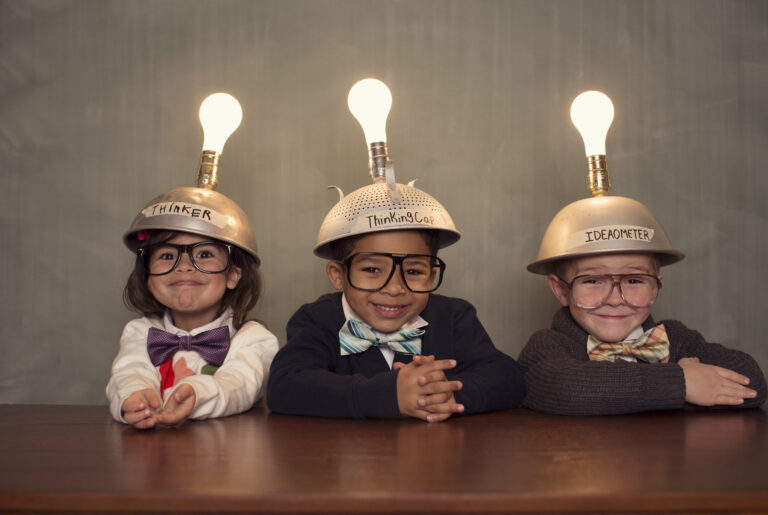 Nerd Children Wearing Lighted Mind Reading Helmets